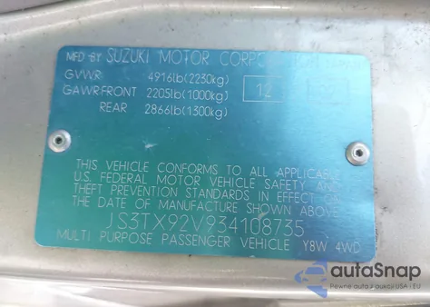 2003 Suzuki Xl-7 Ltd/Touring z USA, uszkodzony, nr VIN JS3TX92V934108735